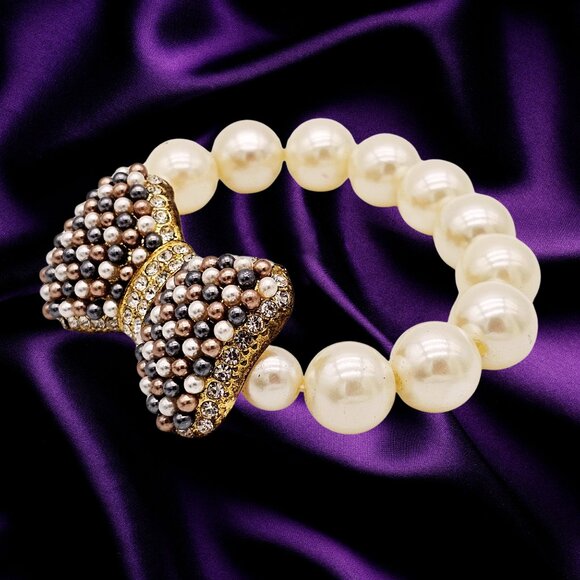 Pearl Stretch Bracelet w/ Large Pave Bow, Gold-Tone Rhinestone Center, Statement - Picture 4 of 10